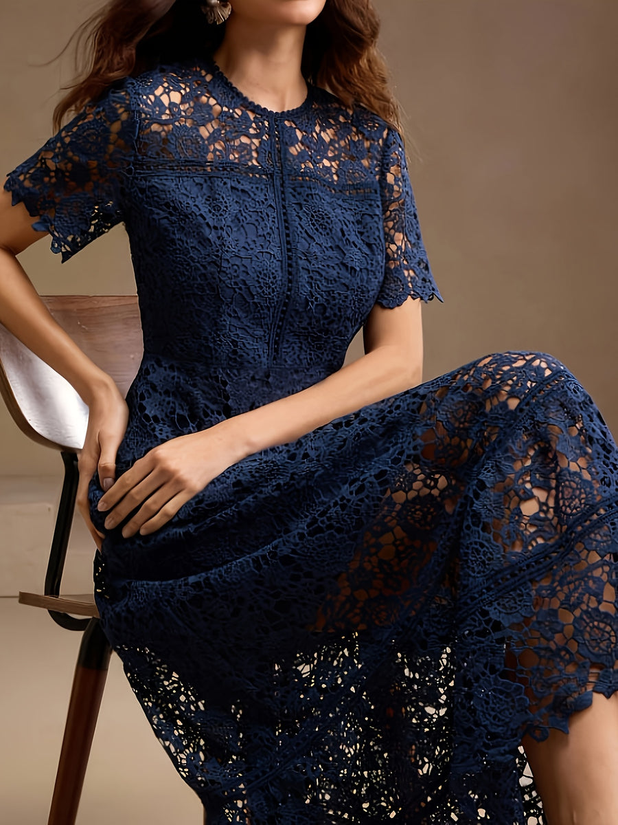 French Lace Cut-out Dress, with a Fashionable Ruffled Panel Design, Features a Flattering Waistline for an Elegant Look, Perfect for Any Formal Occasion. Women's Fashion Must-have - Navy Color