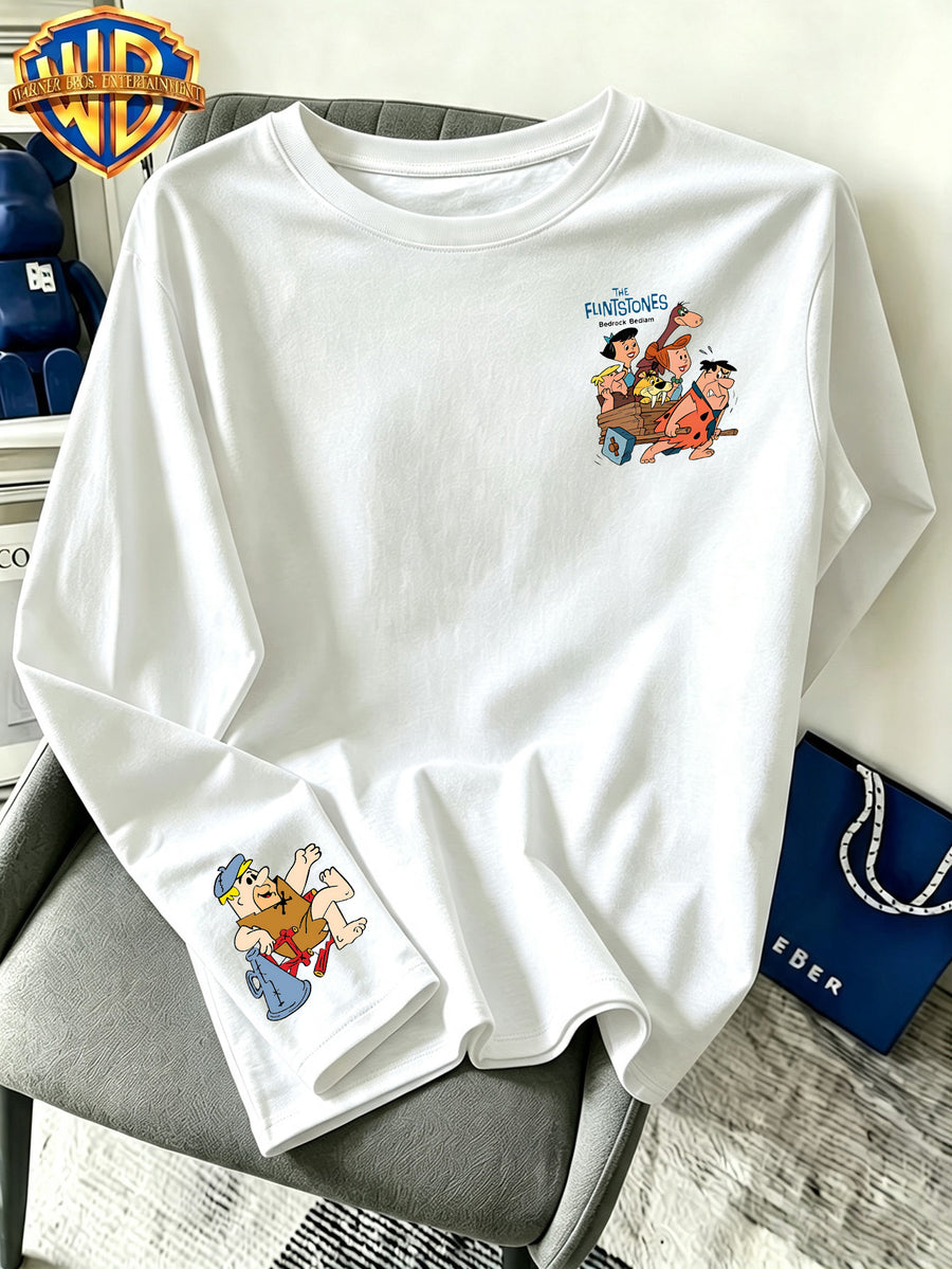 By Warner Bros., Featuring a Lively and Nostalgic Cartoon Print Design with Multiple Scenes of Road Signs, This Men's Comfortable 100% Pure Cotton Long Sleeved T-shirt Is Suitable for Outdoor Sports and Fitness - White