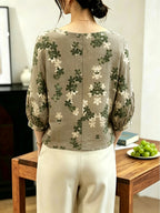 Vintage Forest-Style Floral and Botanical Print Blouse with Crew Neck, Lantern Sleeves, Side Drawstrings, Loose Fit, Effect, Five-Quarter Sleeves for Casual Outings - Khaki