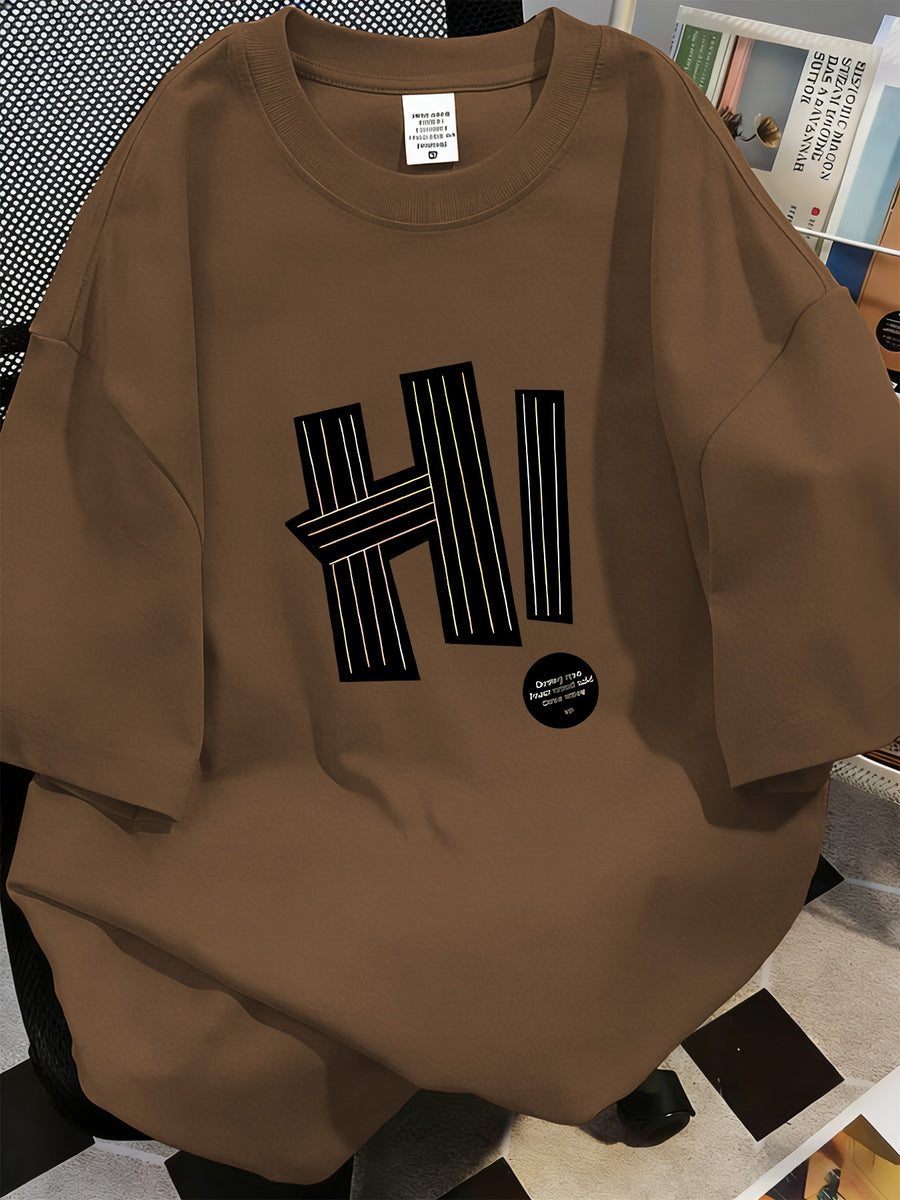 Minimalist HI Letter Print T-Shirt, Y2K Trendy Loose Casual Short Sleeves - Coffee Brown