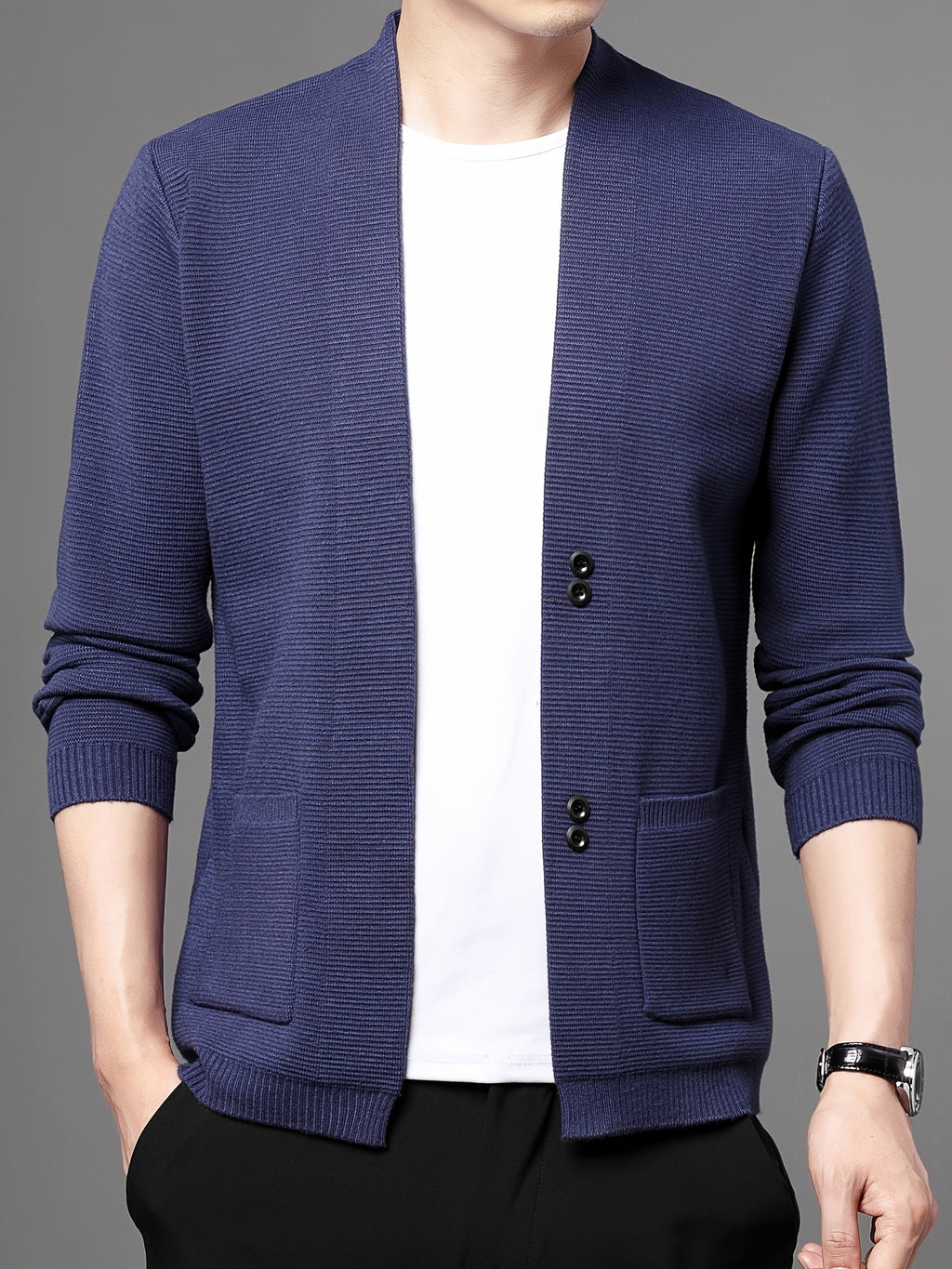 [Wading Whale OBM] Spring/Summer New Men'S Knit Cardigan, Old Money Style Solid Color V-Neck Long Sleeve Open Front Sweater Jacket with Single Button Closure And Side Pockets, Suitable for Spring And Autumn Layering Or Outerwear - Royal Blue
