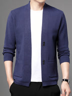 [Wading Whale OBM] Spring/Summer New Men'S Knit Cardigan, Old Money Style Solid Color V-Neck Long Sleeve Open Front Sweater Jacket with Single Button Closure And Side Pockets, Suitable for Spring And Autumn Layering Or Outerwear - Royal Blue
