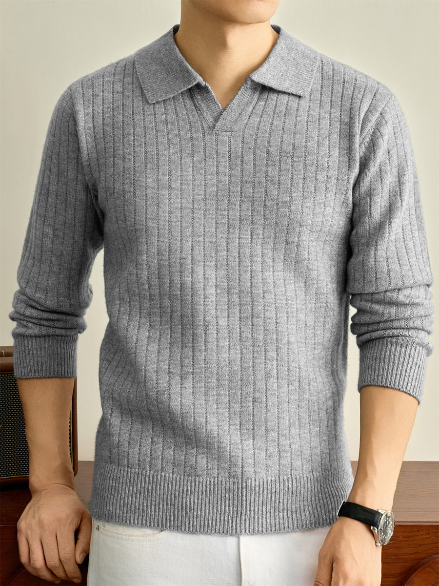 Autumn Winter Knit 3D Solid Color Lapel Polo Sweater, Basic Knit Pullover Top for Men, Fashionable Long Sleeve Sweater, Size S - Light Grey