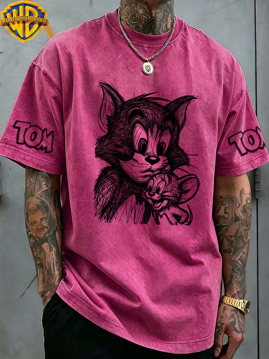 Warner Bros. Officially Authorizes Portrait Pattern Printed Retro Washed Distressed Short Sleeved T-shirt for Both Men and Women, Machine Washable Daily Commuting Outdoor Sports and Leisure Top - Rose Red