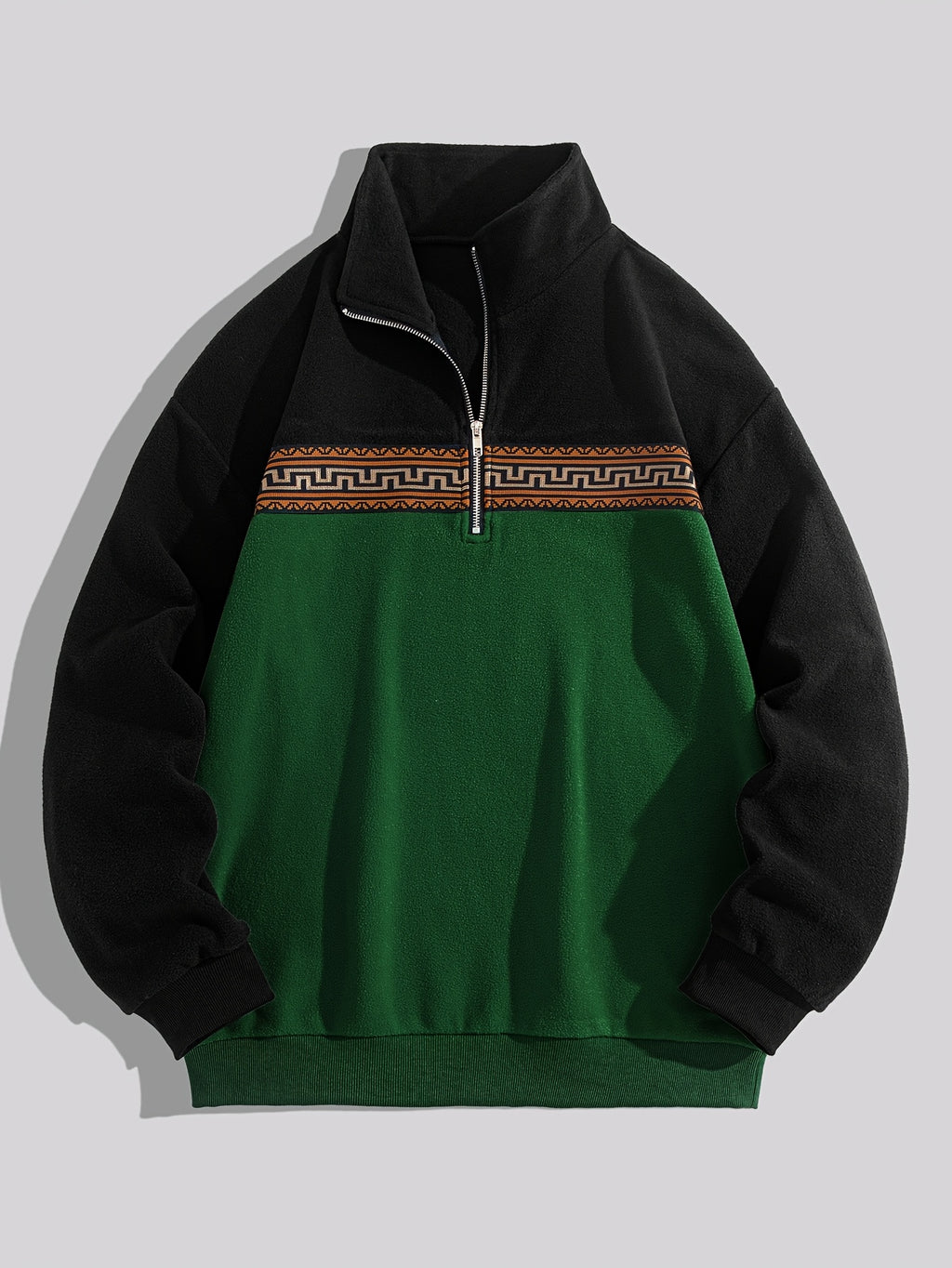 Men'S Fleece Ethnic Style Webbing Color Block Stand-Up Collar Sweatshirt Warm Casual Jacket - fern green