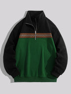 Men'S Fleece Ethnic Style Webbing Color Block Stand-Up Collar Sweatshirt Warm Casual Jacket - fern green