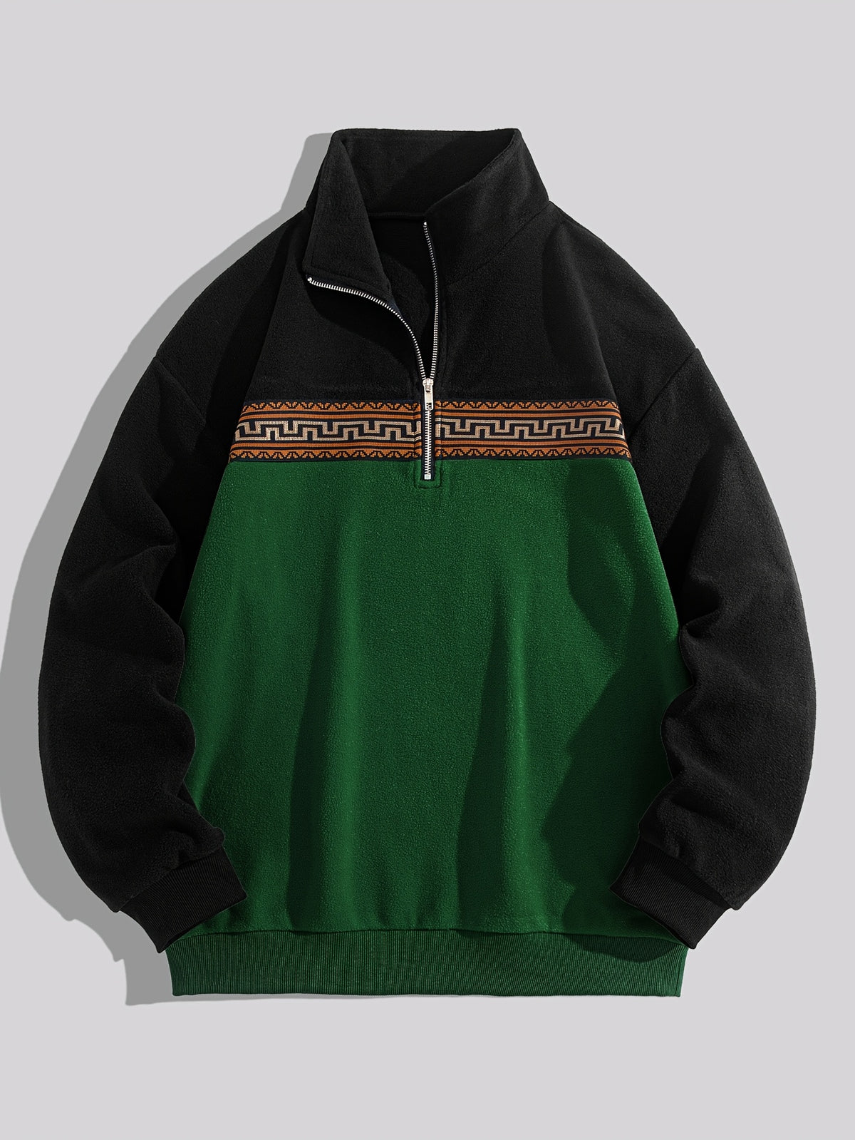 Men'S Fleece Ethnic Style Webbing Color Block Stand-Up Collar Sweatshirt Warm Casual Jacket - fern green