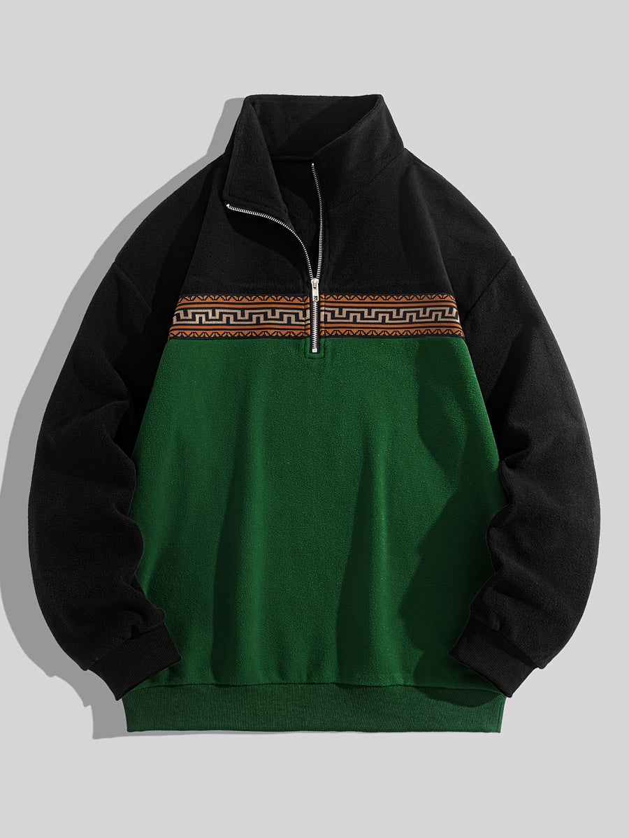 Men'S Fleece Ethnic Style Webbing Color Block Stand-Up Collar Sweatshirt Warm Casual Jacket - fern green