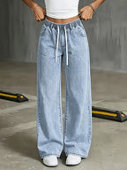 Elastic Waist Women's Denim Pants, Women's Casual WideLeg Jeans - Light Blue