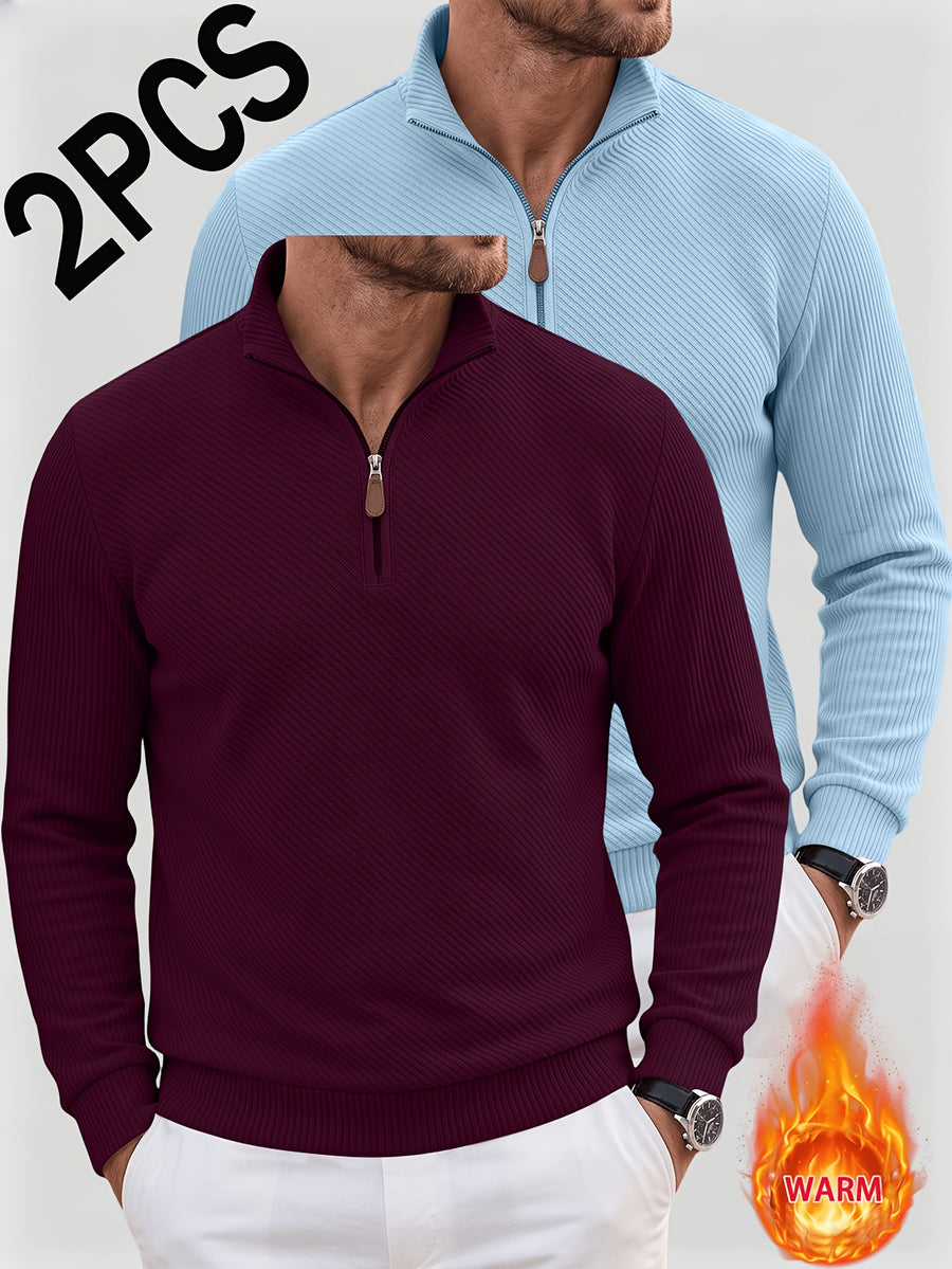 2pcs Men'S Autumn Winter New Corduroy Textured Half-Zip Stand Collar Knit Sweater Set, Light Luxury Long Sleeve Elastic Ribbed Base Layer Business Casual Inner Outerwear; Daily Commute, Home Entertaining, Camping Dating Scenarios - Wine Red+Light Blue