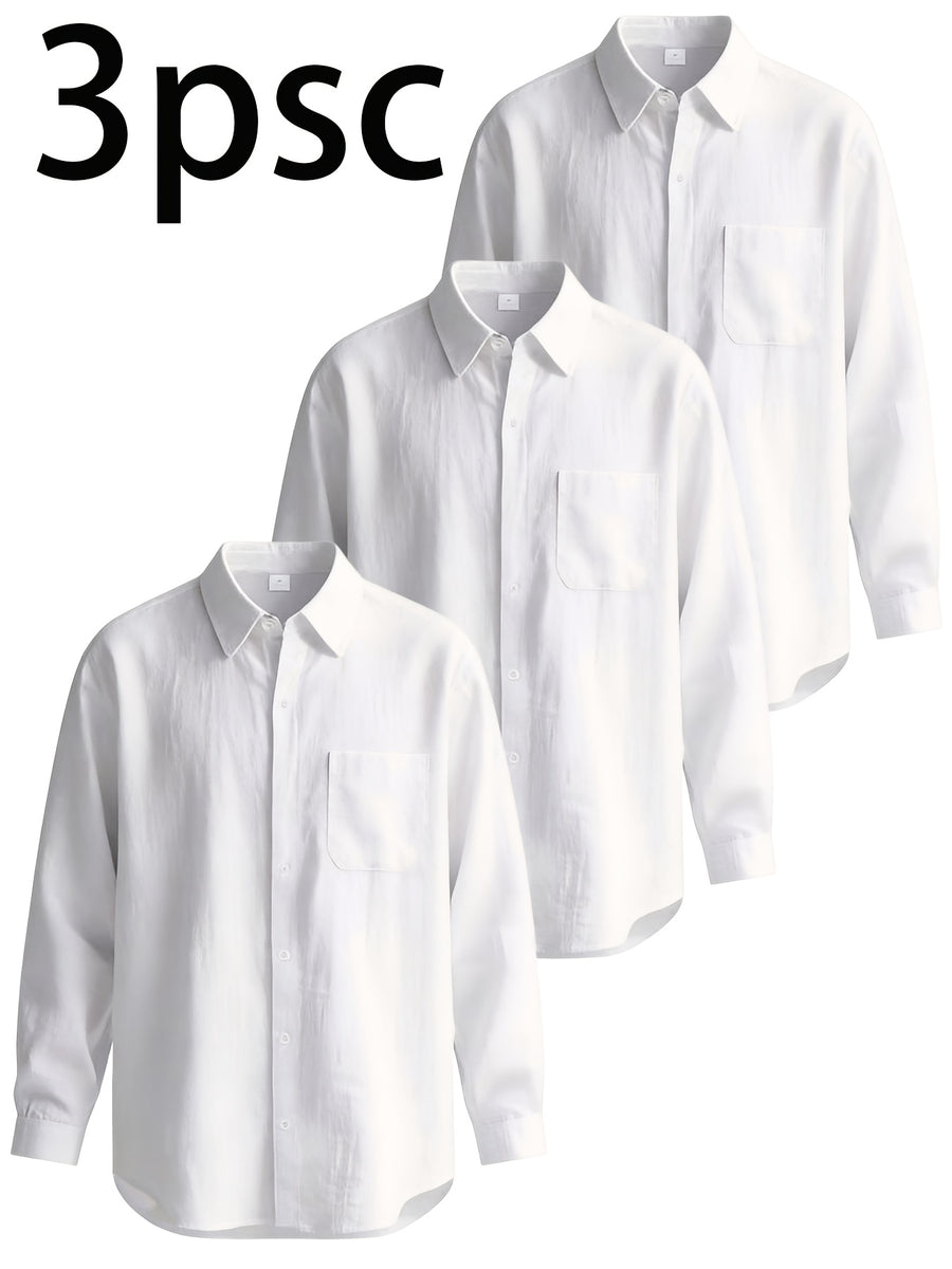 3pcs Men'S Casual Linen Shirts, Long Sleeve Button Tops with Chest Pocket, Lightweight Solid Color Shirts for Daily And Vacation - White