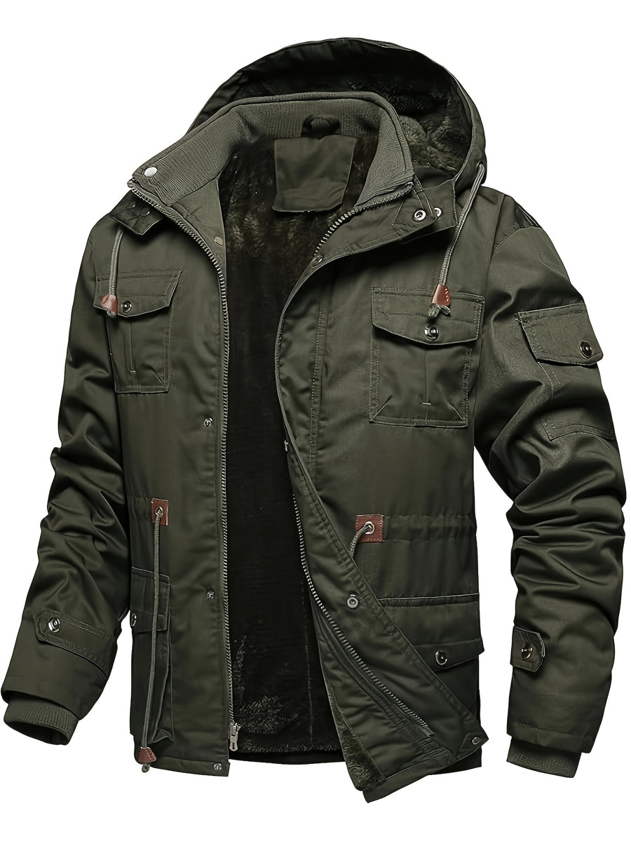 Men'S Fleece-Lined Thickened Jacket, Multi-Pocket Design, 100% Casual Outdoor Coat, Stand-Up Collar And Button Closure, Suitable for Autumn And Winter - fern green