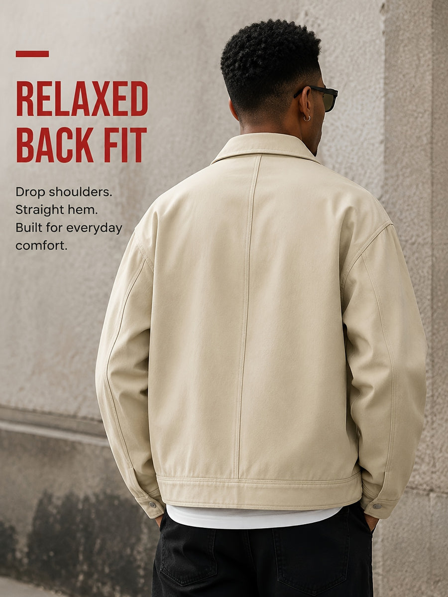 Men'S Lapel Collar Snap Button Utility Jacket, Multi-Patch Pockets Design with Pen Slot, Loose Short Cut Workwear Outer Coat, Durable Fabric Street Style Outerwear for Everyday City Wear - Apricot