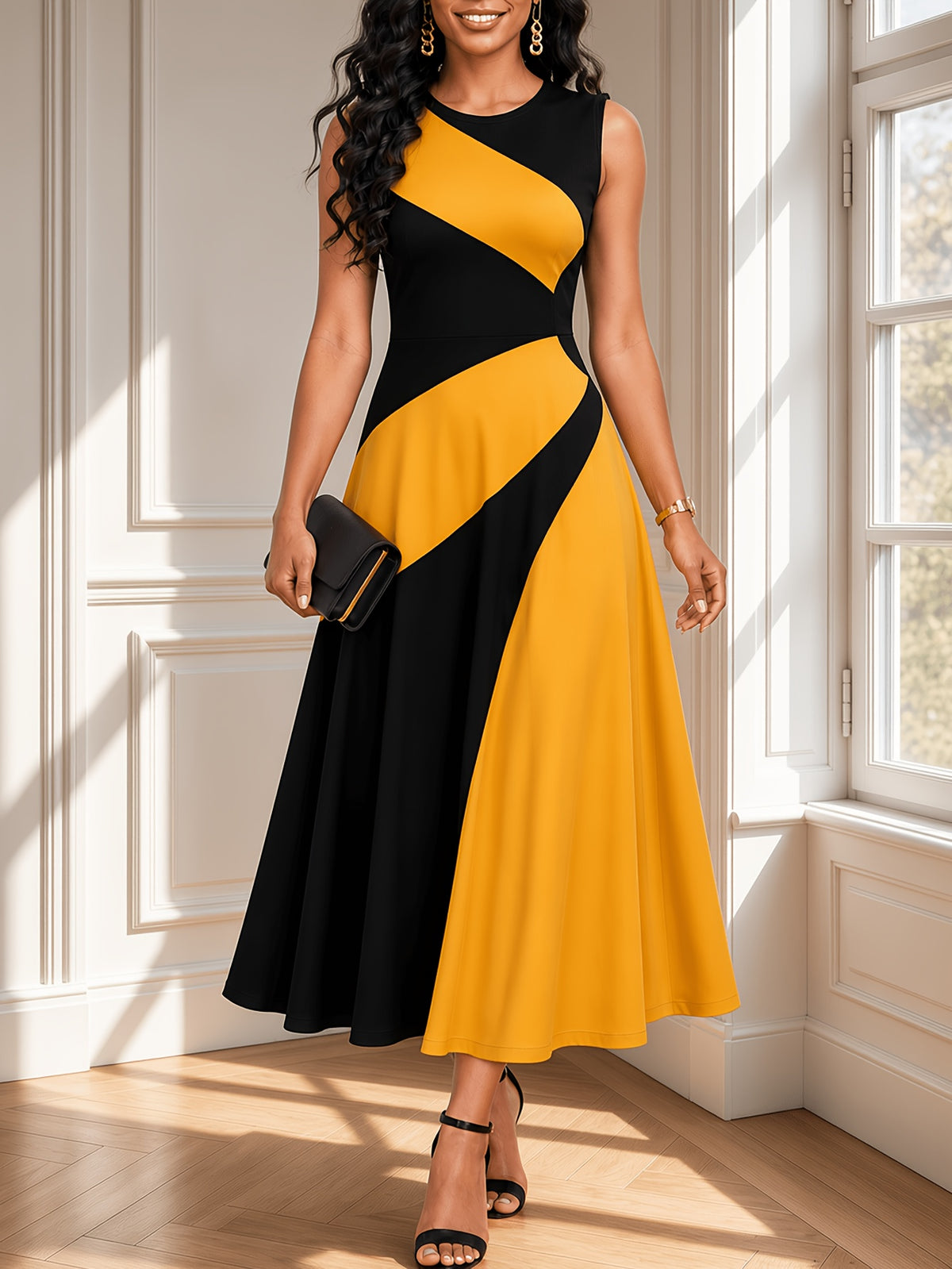 Women's Sleeveless A-Line Maxi Dress - Black & Yellow Contrast Round Neck -Length Dress, Loose Fit Suitable for Home, Office, Wedding Guest Dresses, Machine Washable Elegant Summer Dress - orange yellow