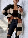 Women's Sweater Cardigan, Long Sleeve Open Front Cardigan, Autumn/Winter Color Block Long Coat, Loose Fit Casual Daily Outerwear LL168 - Coffee Color