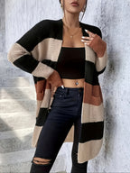 Women's Sweater Cardigan, Long Sleeve Open Front Cardigan, Autumn/Winter Color Block Long Coat, Loose Fit Casual Daily Outerwear LL168 - Coffee Color