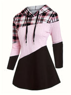 Women's Plaid Patchwork Hooded Long Sleeve Drawstring Pullover Casual Fashion Hoodie - Pink Color