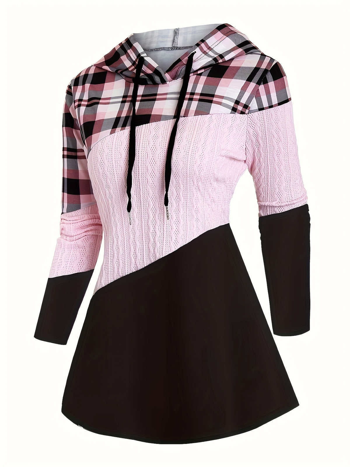 Women's Plaid Patchwork Hooded Long Sleeve Drawstring Pullover Casual Fashion Hoodie - Pink Color