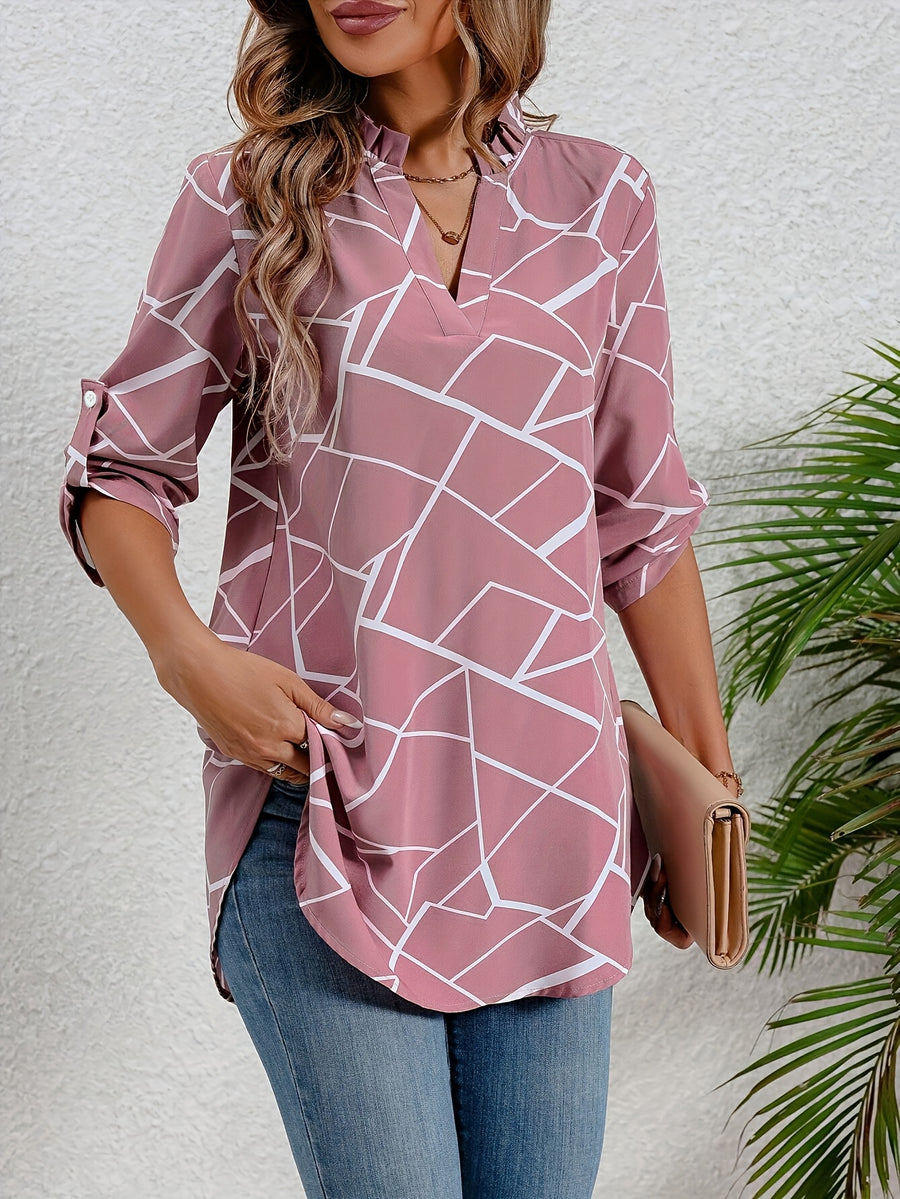 Elegant  Geometric Pattern V-neck Pullover Half-sleeve Shirt - Pink