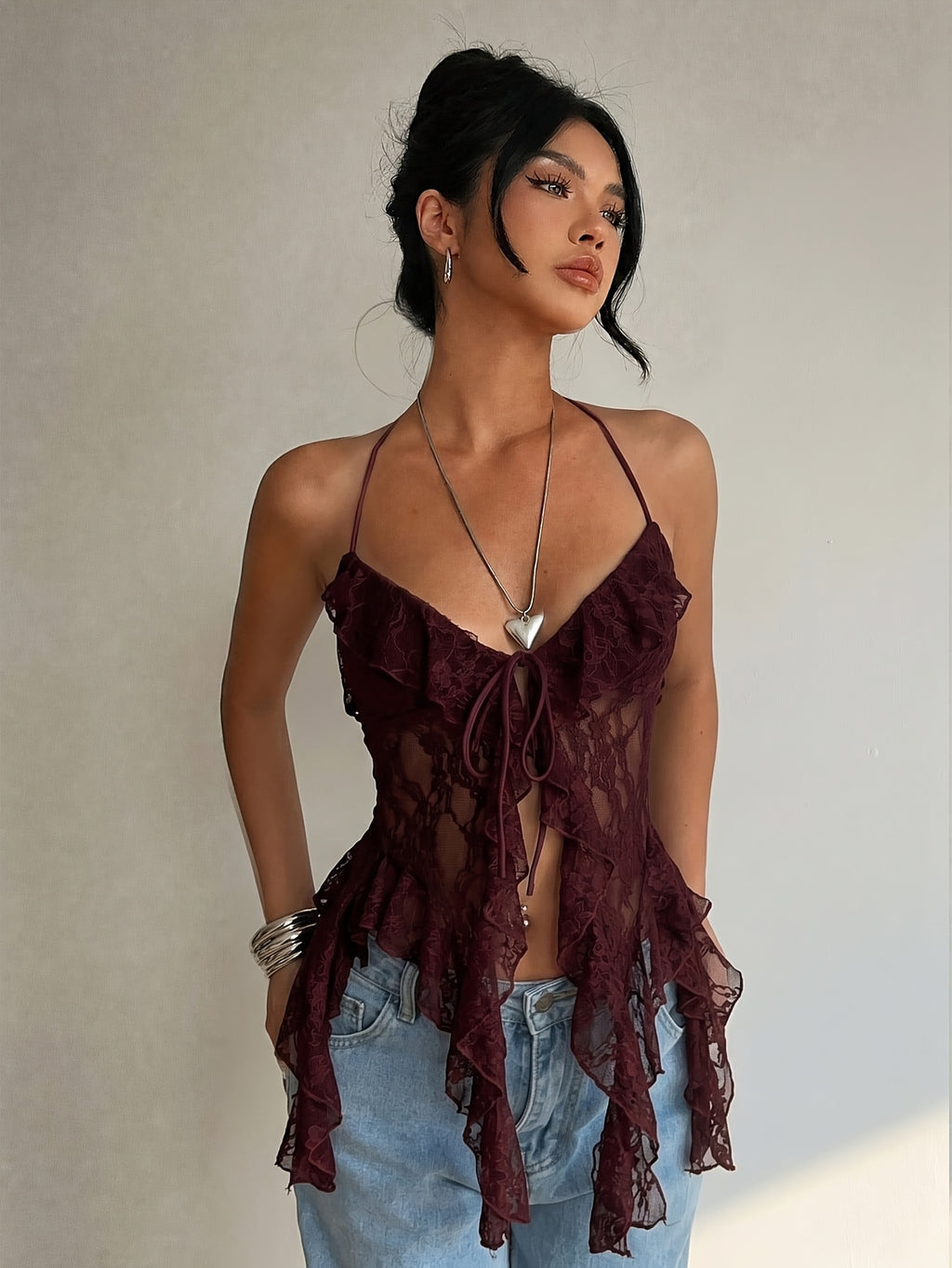 Women'S Fitted White Lace Sheer Long Ribbon Design Asymmetrical Hem Tank Top for Music Festival And Vacation, for Wedding, Dating, Party, Summer Top - Reddish Brown