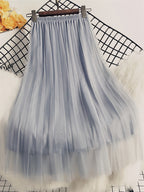 Petite Women'S Mesh Half Skirt High-Waist Pleated Flared Skirt - Light Grey