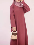Elegant Women's Crew Neck Long Sleeve Kaftan Dress - Solid Color Fitted Maxi Dress, Machine Washable All-Season Versatile Traditional & Modern Style, Fitting Dresses for Ladies, Casual Elegant Wear, Durable Garment - The color of rouge