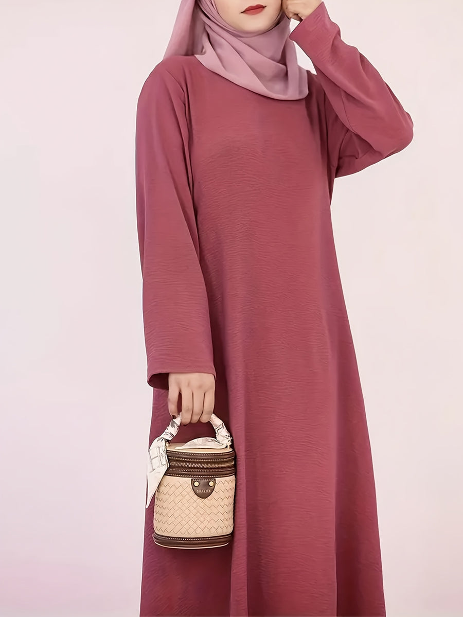 Elegant Women's Crew Neck Long Sleeve Kaftan Dress - Solid Color Fitted Maxi Dress, Machine Washable All-Season Versatile Traditional & Modern Style, Fitting Dresses for Ladies, Casual Elegant Wear, Durable Garment - The color of rouge