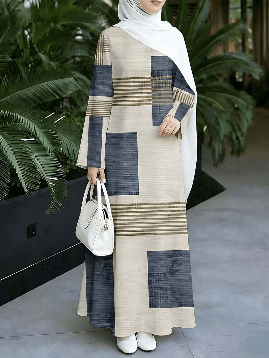 1pc 2D Flat Geometric Color Block Stripes Muslim Dress Women'S Loose-Fitting Long-Sleeved Printed Robe - Daily Commuting & Home Wear - Eid Festival Attire Abayas - Mixed colors
