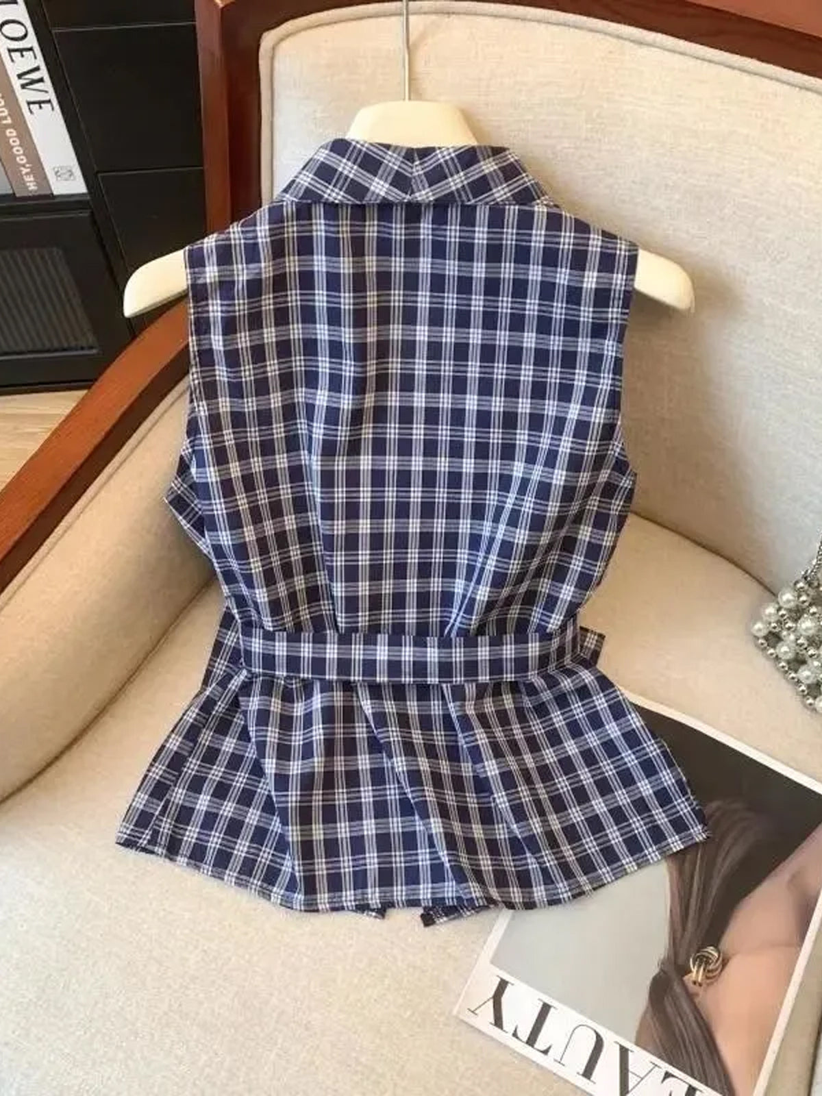 Plaid Lace-up Waist-cinching Outer Vest Shirt with a Design Sense - Blue