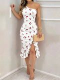 Women's Elegant Slim-Fit Asymmetrical Hem Ruffled Collar Dress - Summer Cherry Blossom Print, Suitable for Daily Dates - Mixed colors