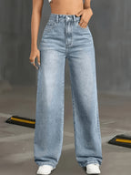 Women'S High-Waisted Elastic Light-Colored Slim-Fit Straight-Leg Wide-Leg Elegant And Fashionable Trousers - Light Blue