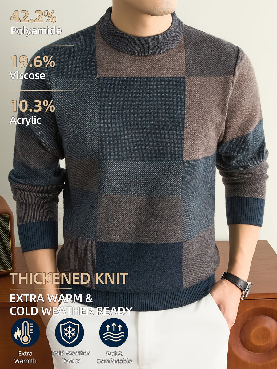 Men'S Autumn And Winter Knitted Pullover Sweater, Classic Crew Neck with Color-Block Geometric Design, Thick And Warm for Cold Weather, Ideal for Casual Wear, Outdoor Activities, Camping, Hiking, And Fishing, Gift for Dad Or Husband - Dark Gray