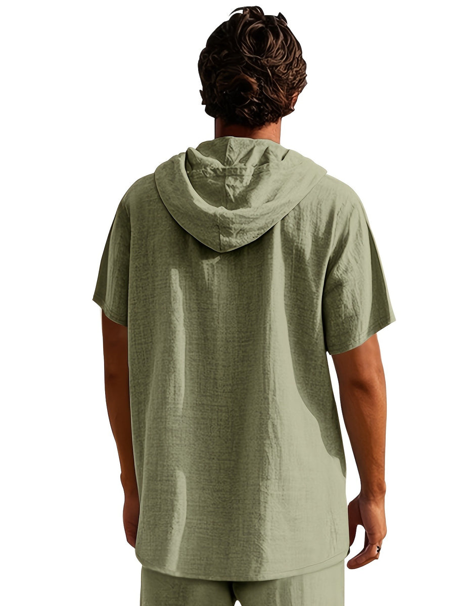2pcs Men'S Linen Blend Short Sleeve Hooded Henley Shirt, Casual Half-Button Drawstring Hooded Top, Lightweight Breathable Wrinkle-Resistant Summer Beach Shirt, Loose V-Neck Linen Hooded T-Shirt, Suitable for Vacation, Casual Wear - Blue+Green