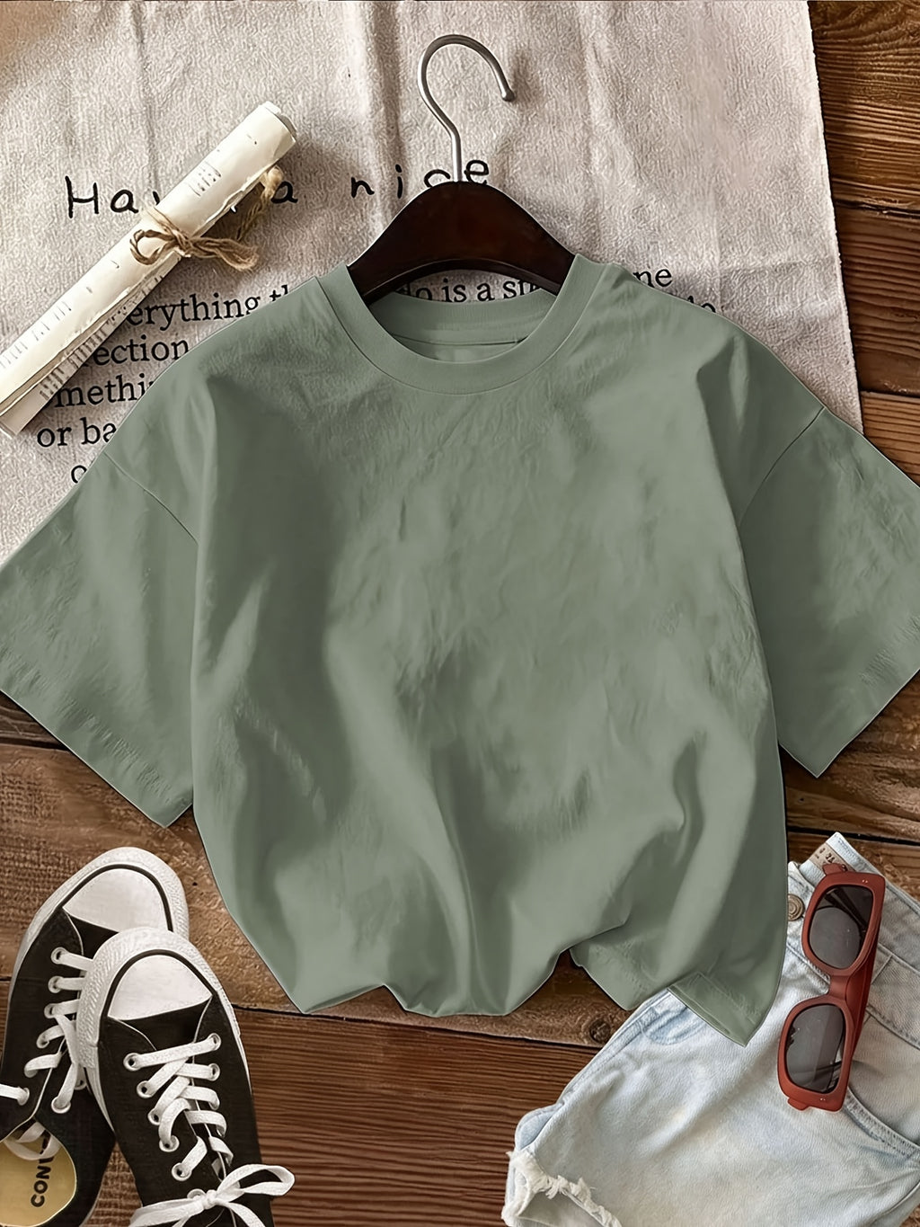Letter Print Short Sleeve Round Neck Athletic T-Shirt Women'S Top - Olive Green