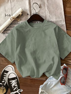 Letter Print Short Sleeve Round Neck Athletic T-Shirt Women'S Top - Olive Green