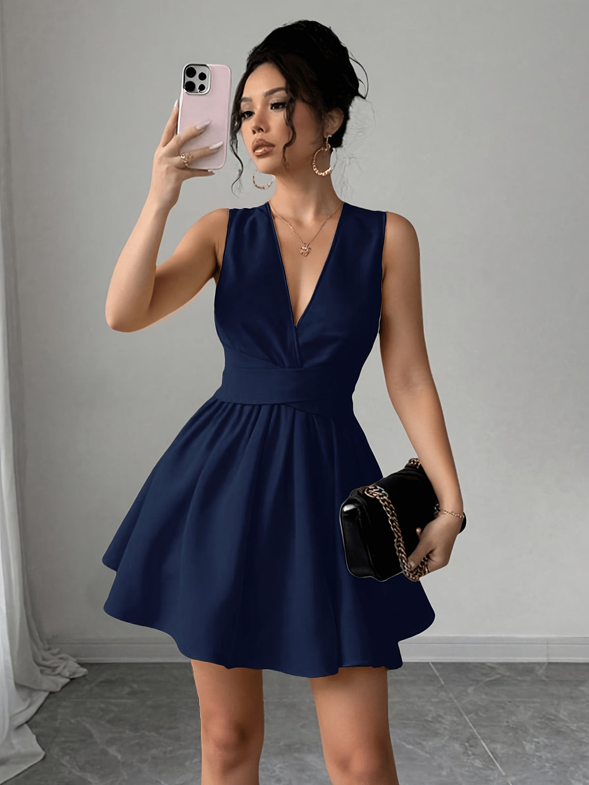 Women'S Romantic Elegant Sexy Wedding Guest Style Wearable Cross V-Neck Sleeveless A-Line Mini Dress - Navy Color