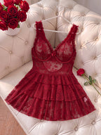 Plus Size French-Style Lace Camisole Multi-Layer Ruffle Cake Dress with V-Neck, Ruffle Spaghetti Straps, Small Bow Decoration on the Bust, Openwork Back, Sweet and Sexy Style, Lightweight and Breathable Mesh Loungewear, Date Atmosphere - Burgundy