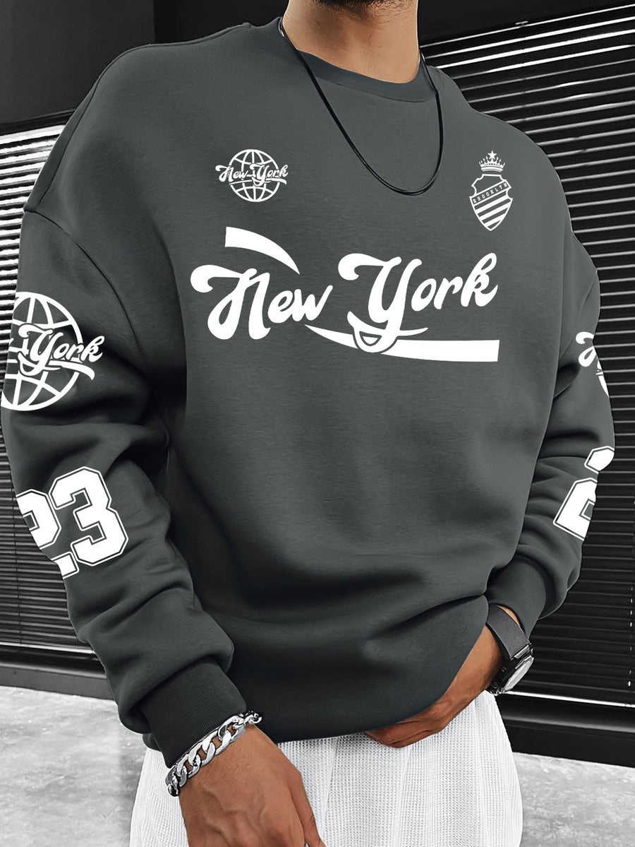 Men'S Fashion Casual "Brooklyn Victory" Letter Print Sweatshirt, Polyester Fabric, Loose Fit, Versatile Men'S Sweatshirt - Space Gray