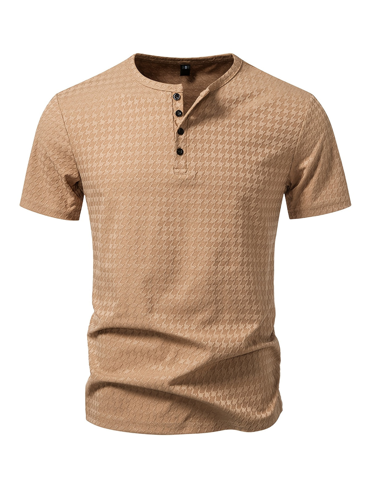 Men'S Waffle Grid Henley Short Sleeve T-Shirt, Houndstooth Jacquard American Vintage Summer Casual Loose Henley Collar All-Match Commute Short Sleeve Top - Coffee Brown