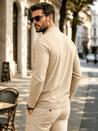 1pc Men'S Long Sleeve Henley Shirt, Stand Collar Slim Fit Casual Top, Solid Color Micro-Elastic Machine Washable Fabric, Contrast Stitching, Pocket Design Suitable for Early Autumn, for Daily, Travel, Dates - Khaki