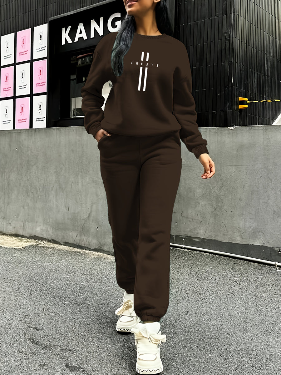 Women'S Autumn Winter Two-Piece Set, Easy Pattern Sweatshirt And Jogger Pants - Coffee Color