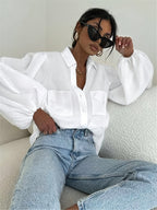 Long-sleeved White Loose-fitting Casual Elegant Women's Shirt Top - White