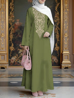Women'S Hot Middle Eastern Style Muslim Elegant Robe, Army Green Neckline Ethnic Floral Print Long Skirt, Loose Long Sleeve Flared Hem, for Prayer, Gatherings, And Daily Commute, Flowing And Skin-Friendly Non- Craft - Mixed colors