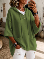 2026 Women'S Fall Winter Solid Color Hooded 3/4 Sleeve Cape Sweater Top with Drawstring And Double Pockets, Casual Easy Fashion Versatile Commute Home Vacation Outfit Pullover Top Women'S Clothing - Olive Green