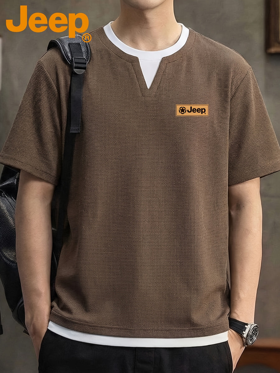 JEEP Men's Summer Waffle Knit 2-in-1 Look Short Sleeve T-Shirt - Coffee Brown