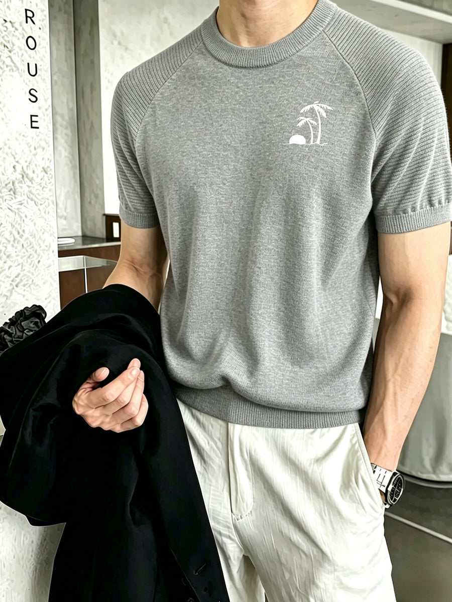 Men's Raglan Short Sleeve Knit Sweater with Coconut Tree and Sunset Small Embroidery, Crew Neck Casual Pullover Top - Grey