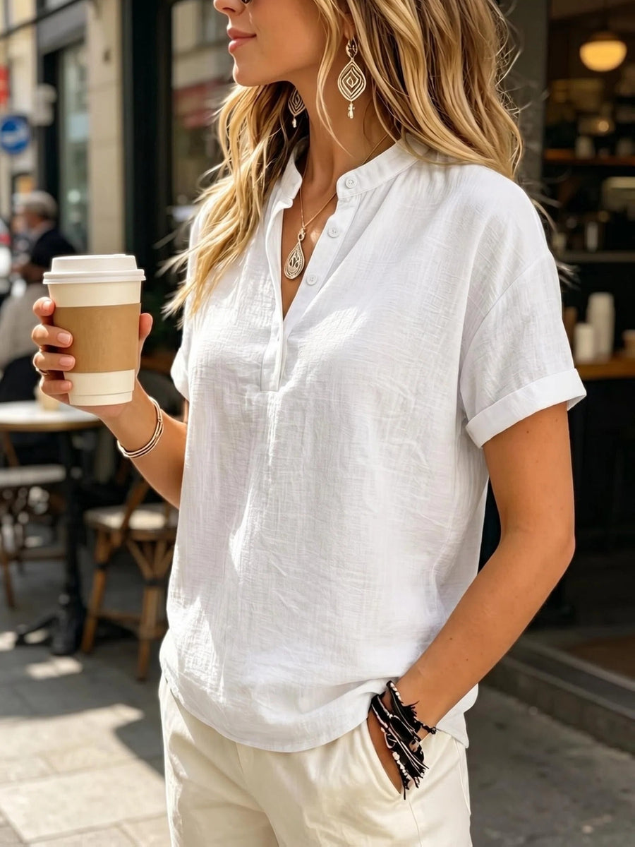 Ladies' Casual Solid Color Short Sleeve Shirt, Versatile Commuting Style Top, Loose And Comfortable, Lightweight And Breathable - Ivory White