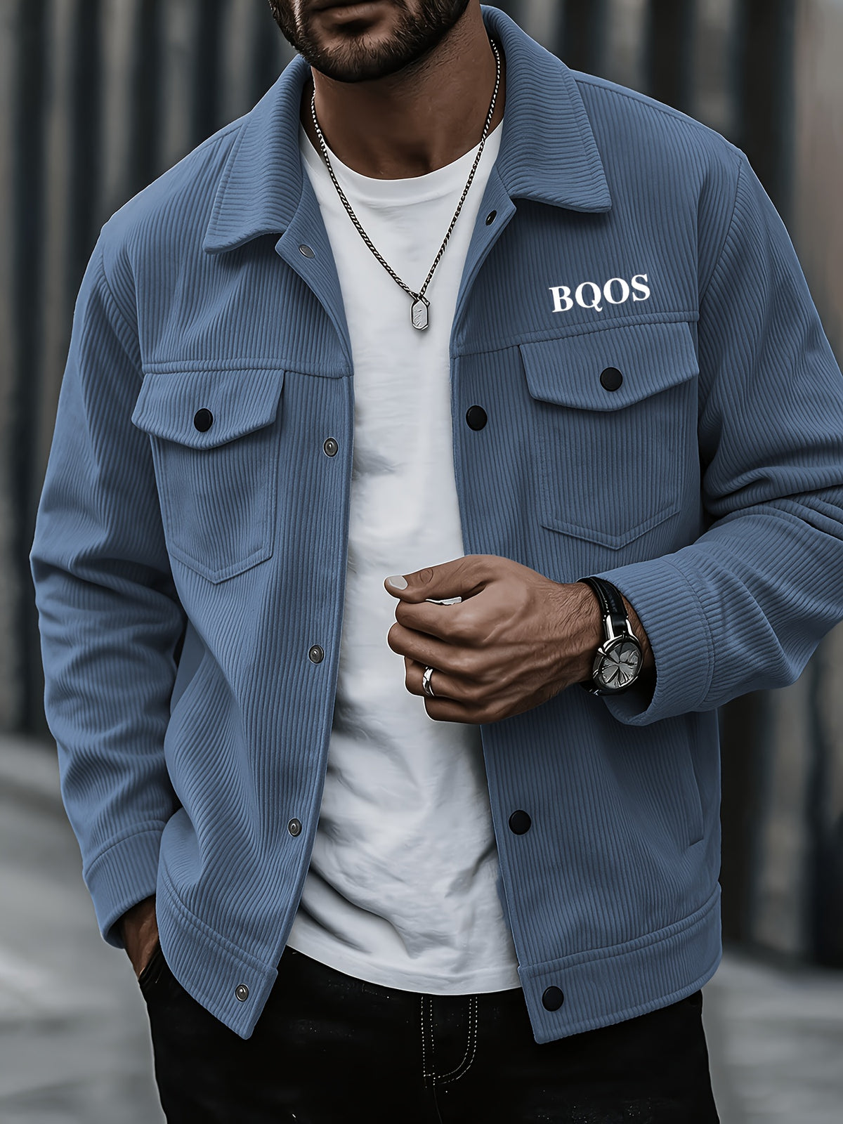Men's American-style Corduroy Casual Jacket, Simple Casual Style, Lapel Collar, Single-Breasted with Multiple Pockets, Letter Embellishment, Comfortable Draping Fabric, Versatile Men's Apparel for Office Workers' Commuting and Outings in Spring - Haze Blue