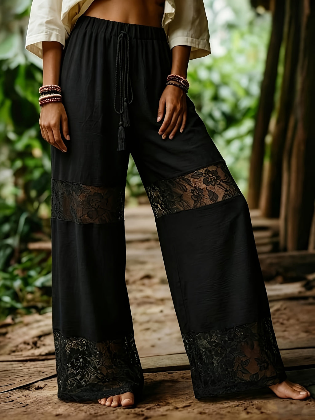 Solid Color Stretch Straight-Leg Lace-Patch Women's Casual Pants - Black