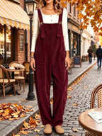 Women's Corduroy Overalls with Suspenders, Loose-Fit Workwear Jumpsuit for Spring/Autumn, Casual Commute Streetwear,, Figure-Flattering, Age-Reducing, Versatile Long Overalls Pants - Burgundy